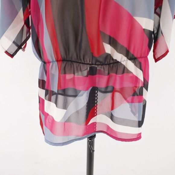 New York & Company Sheer Deep V-Neck Flutter Sleeve Red Gray Large Top / Blouse - Picture 4 of 9